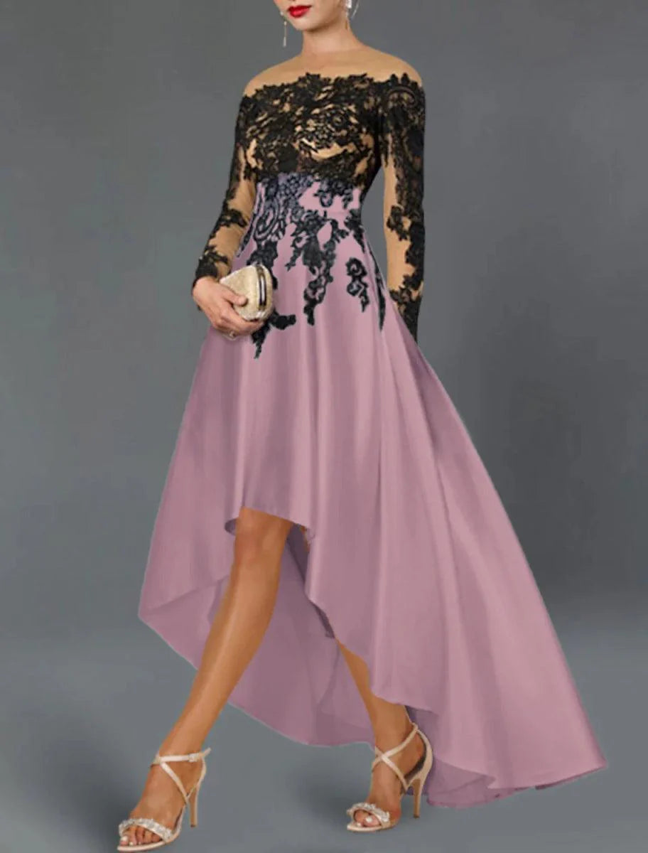 Vestidos de cocktail em linha A, vestido elegante para festa de casamento, semi-formal, assimétrico, manga comprida, ombro exterior, cetim com missangas, bordados, aplicações