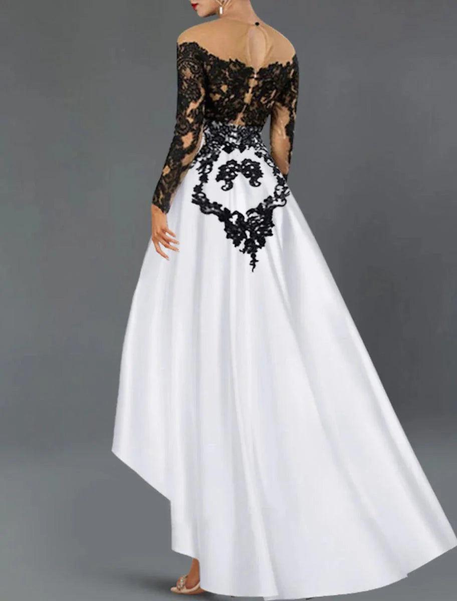 Vestidos de cocktail em linha A, vestido elegante para festa de casamento, semi-formal, assimétrico, manga comprida, ombro exterior, cetim com missangas, bordados, aplicações