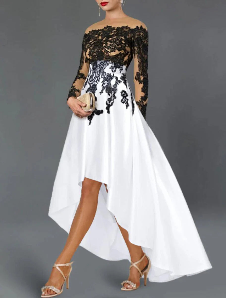 Vestidos de cocktail em linha A, vestido elegante para festa de casamento, semi-formal, assimétrico, manga comprida, ombro exterior, cetim com missangas, bordados, aplicações