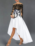 Robe cocktail ligne A - Robe élégante pour mariage, soirée, semi-formel - Manches longues asymétriques, épaule dénudée - Satin pour invité d'automne avec broderie, perles et appliqués