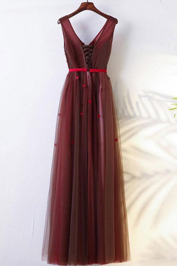 Vestido de festa comprido, corte A, cor vinho, com cinto e aplicações, PG702