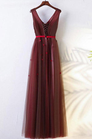 A-Line Floor-Length Belt Burgundy Prom Dress with Appliques  PG702