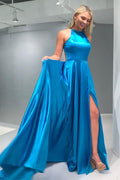Vestido de Fiesta Azul con Corte A-Línea, Espalda Abierta, Cola Barrida y Abertura Lateral PG953