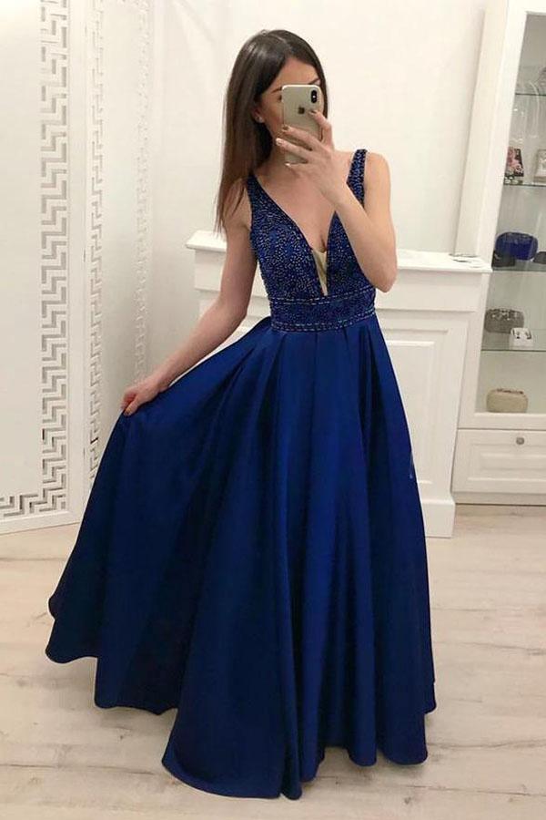 Vestidos de baile de cetim azul escuro com decote em V e corte A, vestidos de noite com missangas PM237