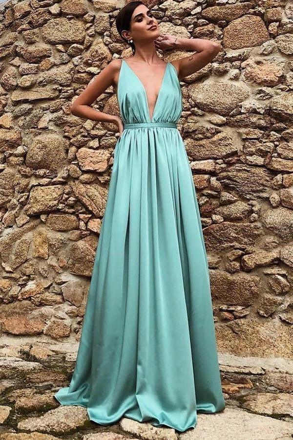 A Line Deep V Neck Backless Sweep Train Yellow Prom Dress