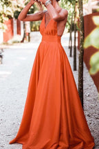 A Line Deep V Neck Backless Sweep Train Yellow Prom Dress