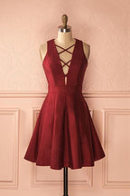 A-Line Deep V-Neck Sleeveless Lace-up Burgundy Satin Homecoming Dress  PD386