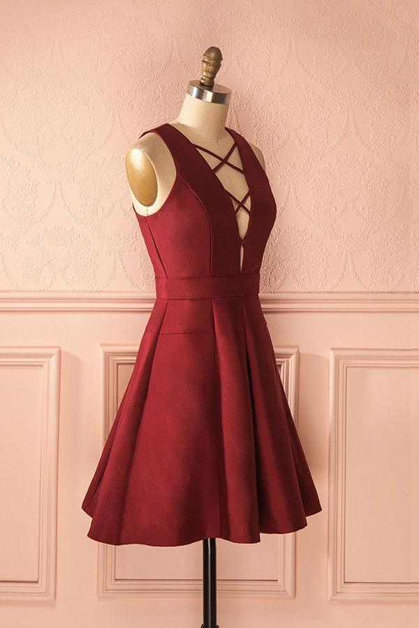 A-Line Deep V-Neck Sleeveless Lace-up Burgundy Satin Homecoming Dress  PD386