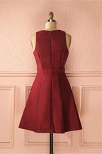 A-Line Deep V-Neck Sleeveless Lace-up Burgundy Satin Homecoming Dress  PD386