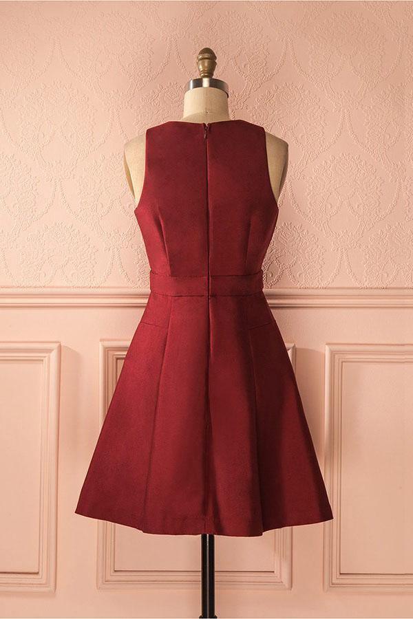 A-Line Deep V-Neck Sleeveless Lace-up Burgundy Satin Homecoming Dress  PD386