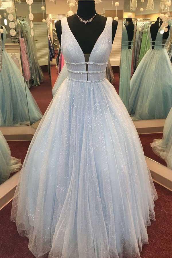 A-Linie, tiefer V-Ausschnitt, Schleppe, rückenfreies Ballkleid aus rosa Tüll mit Perlenbesatz, PG878