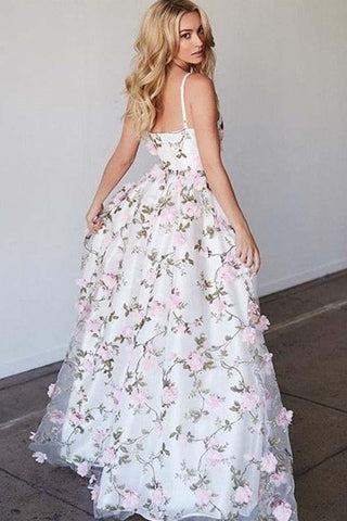 A-Line Deep V-Neck Sweep Train Pink Tulle Prom Dress with Flowers PG777