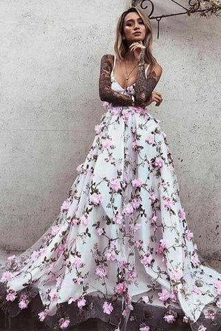 A-Line Deep V-Neck Sweep Train Pink Tulle Prom Dress with Flowers PG777