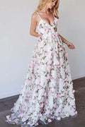 Robe de bal rose en tulle à encolure en V profond, ligne A, traîne balayée avec fleurs PG777