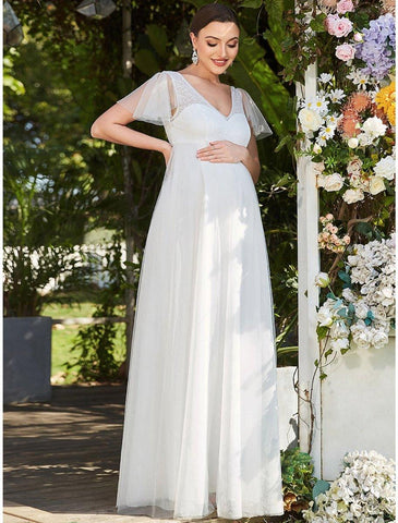 A-Line Evening Gown Maternity Dress Formal Evening Floor Length Short Sleeve V Neck Bridesmaid Dress Tulle V Back with Pure Color Tiered