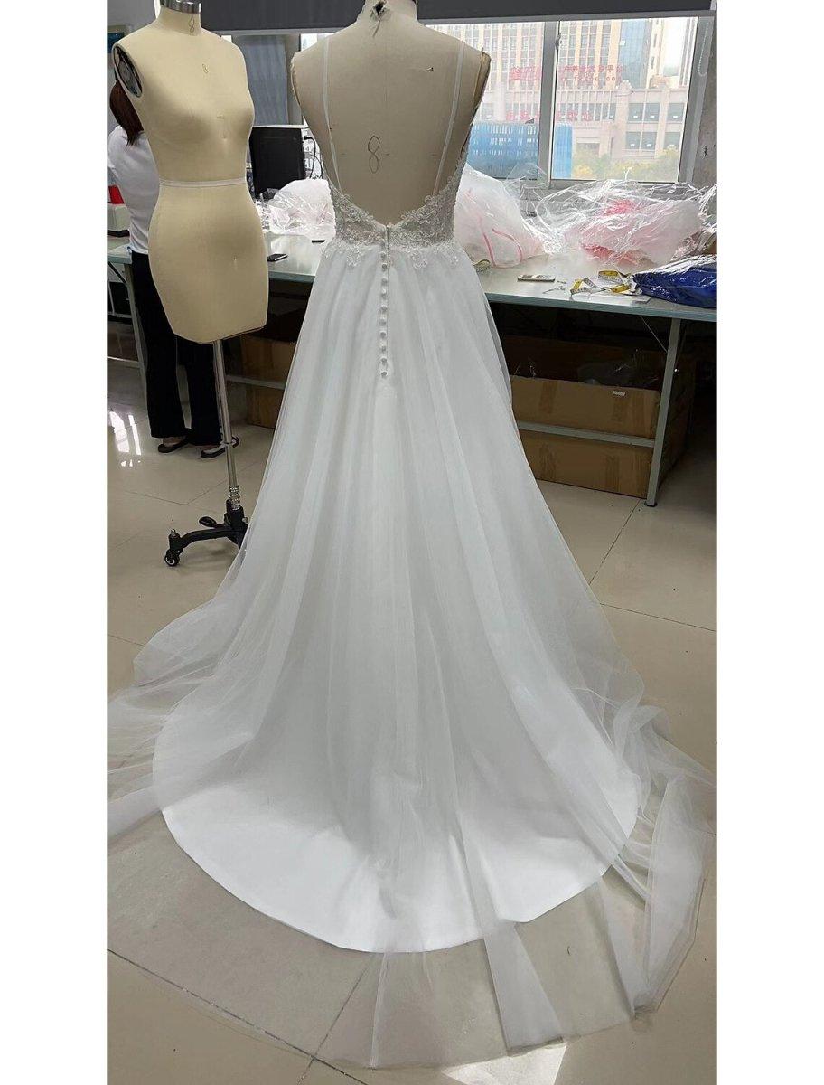 Vestido de noite em linha A, vestido minimalista, noivado, festa de casamento, cauda longa, sem mangas, decote em V, tule com aplicações de missangas, ombro e flor