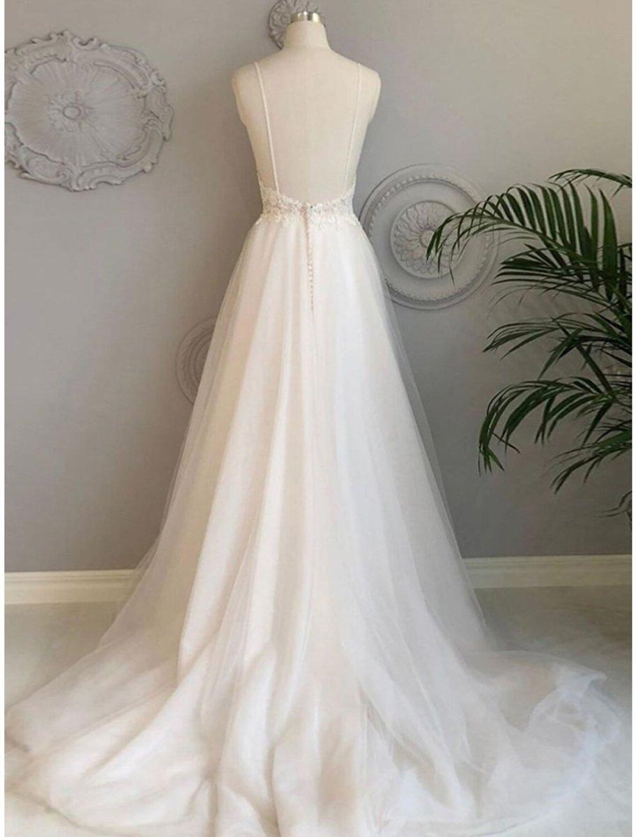 Vestido de noite em linha A, vestido minimalista, noivado, festa de casamento, cauda longa, sem mangas, decote em V, tule com aplicações de missangas, ombro e flor