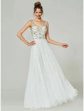 Robe de soirée coupe A à dos nu, robe formelle pour mariage et soirée longue sans manches en mousseline avec décolleté en V et strass