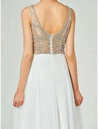 Vestido de noite em linha A, costas abertas, formal, festa de casamento, comprimento até ao chão, sem mangas, decote em V, chiffon com strass