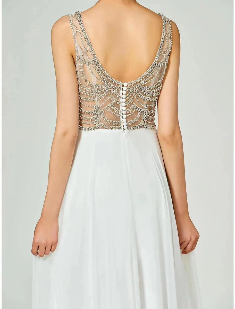 Vestido de noite em linha A, costas abertas, formal, festa de casamento, comprimento até ao chão, sem mangas, decote em V, chiffon com strass