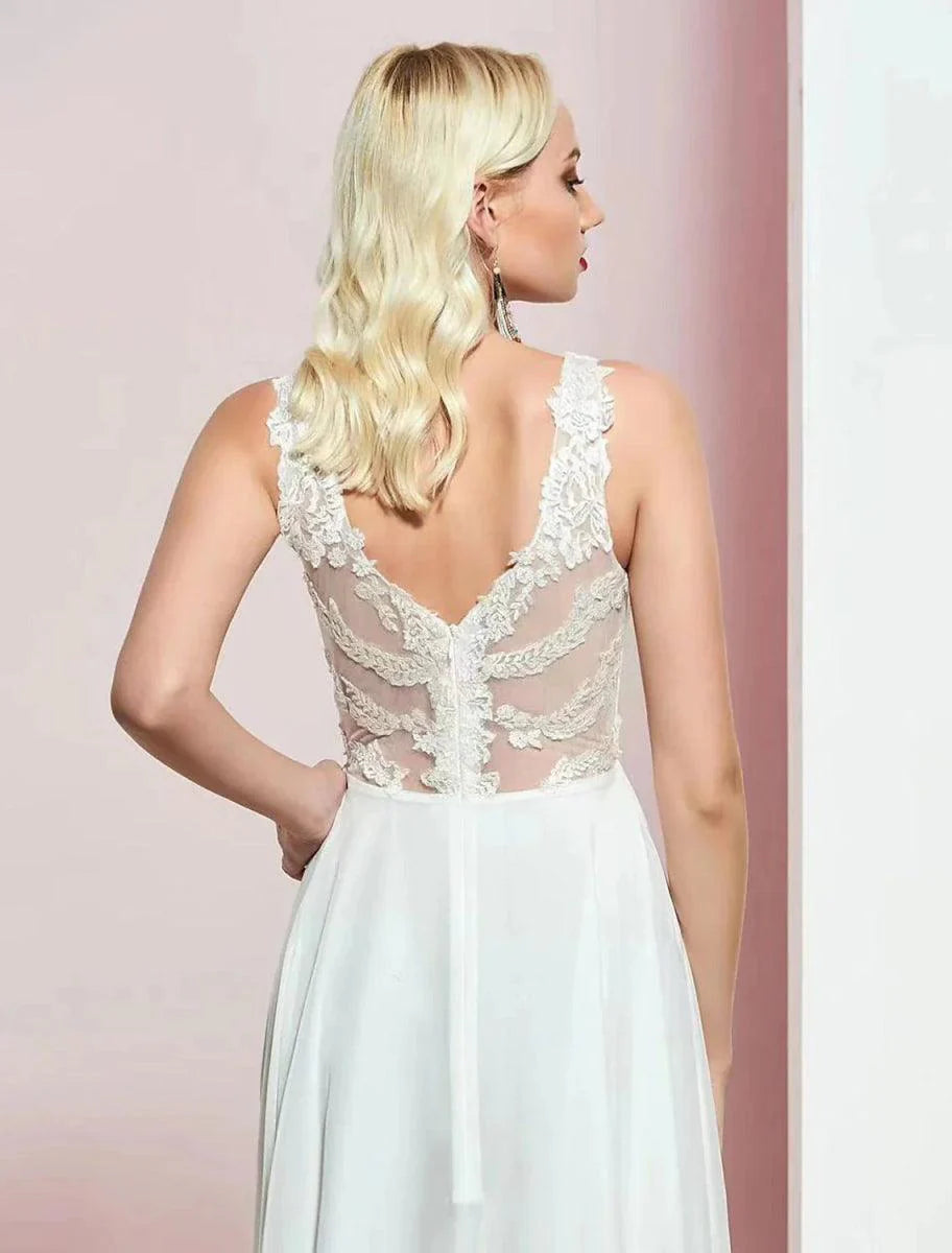 Vestido de noite em linha A, costas abertas, festa de casamento, aniversário, comprimento até ao chão, sem mangas, decote em V, chiffon com aplicações