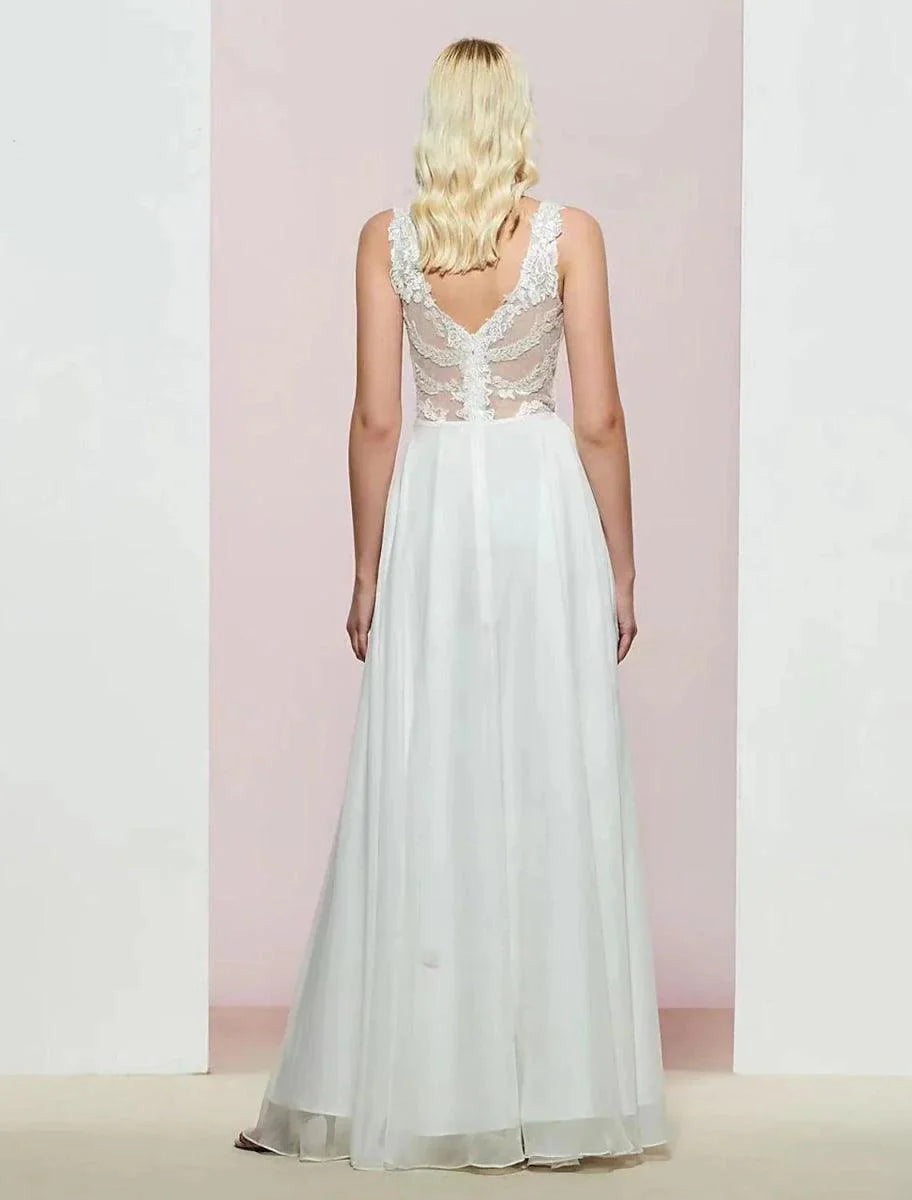 Vestido de noite em linha A, costas abertas, festa de casamento, aniversário, comprimento até ao chão, sem mangas, decote em V, chiffon com aplicações