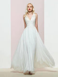Robe de soirée coupe A dos nu pour mariage, fête ou anniversaire longue jusqu'au sol sans manches col en V en mousseline avec applications