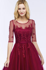 A-line Floor Length Appliques Tulle Bridesmaid Dress Half Sleeve Evening Dress