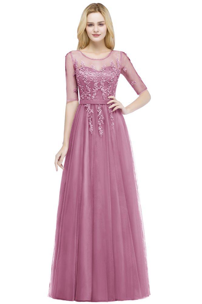 A-line Floor Length Appliques Tulle Bridesmaid Dress Half Sleeve Evening Dress