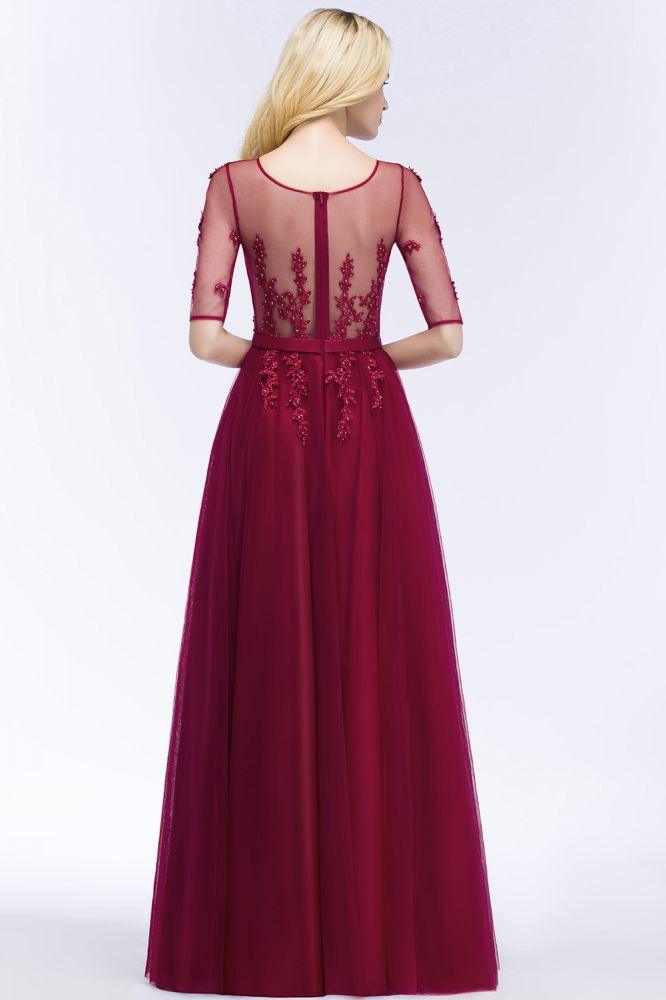 A-line Floor Length Appliques Tulle Bridesmaid Dress Half Sleeve Evening Dress