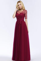A-line Floor Length Appliques Tulle Bridesmaid Dress Half Sleeve Evening Dress