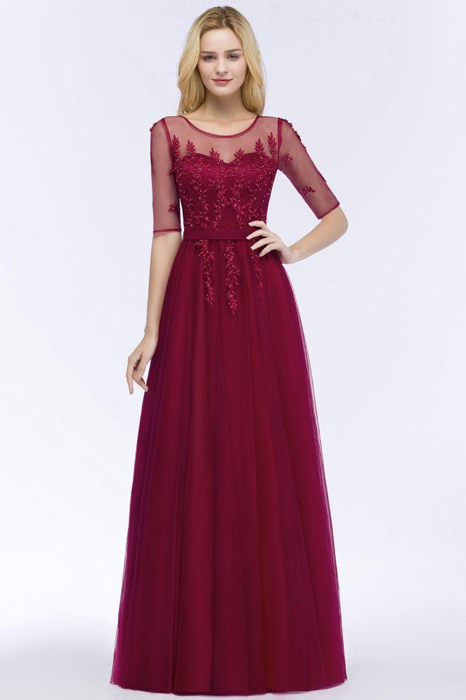 A-line Floor Length Appliques Tulle Bridesmaid Dress Half Sleeve Evening Dress