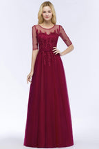 A-line Floor Length Appliques Tulle Bridesmaid Dress Half Sleeve Evening Dress