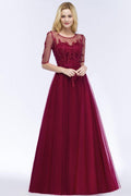 Robe de demoiselle d'honneur en tulle à appliqués, longueur sol, ligne A, manches mi-longues pour soirée