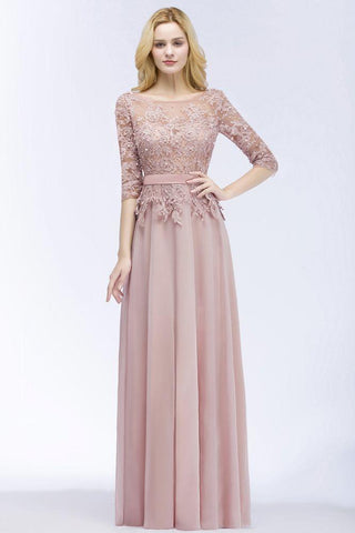 Numbersea A-line Floor Length Half Sleeves Appliques Bridesmaid Dresses with Sash