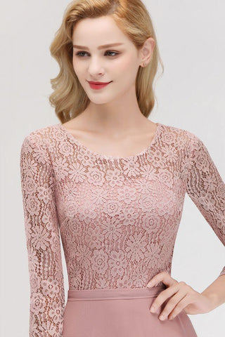 A-Linie, bodenlanges Spitzen-Chiffon-Brautjungfernkleid mit Ärmeln