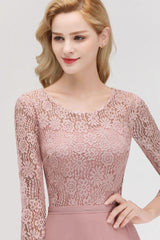 A-line Floor Length Lace Chiffon Bridesmaid Dresses with Sleeves