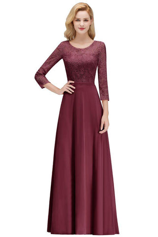 A-Linie, bodenlanges Spitzen-Chiffon-Brautjungfernkleid mit Ärmeln
