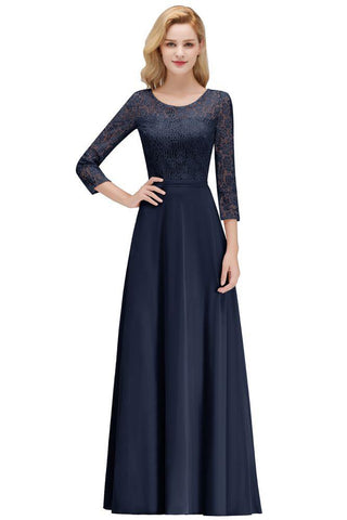 A-Linie, bodenlanges Spitzen-Chiffon-Brautjungfernkleid mit Ärmeln