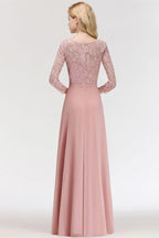 A-line Floor Length Lace Chiffon Bridesmaid Dresses with Sleeves