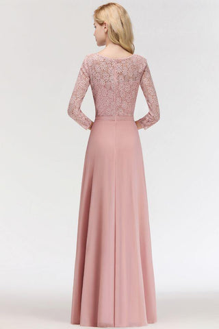 A-Linie, bodenlanges Spitzen-Chiffon-Brautjungfernkleid mit Ärmeln