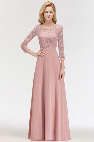 A-Linie, bodenlanges Spitzen-Chiffon-Brautjungfernkleid mit Ärmeln
