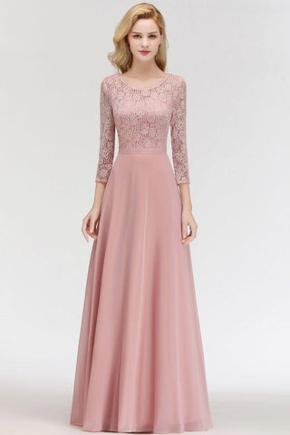 A-Linie, bodenlanges Spitzen-Chiffon-Brautjungfernkleid mit Ärmeln