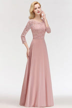A-line Floor Length Lace Chiffon Bridesmaid Dresses with Sleeves