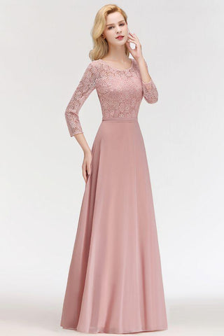 A-Linie, bodenlanges Spitzen-Chiffon-Brautjungfernkleid mit Ärmeln