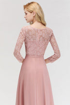 A-line Floor Length Lace Chiffon Bridesmaid Dresses with Sleeves