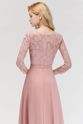 A-Linie, bodenlanges Spitzen-Chiffon-Brautjungfernkleid mit Ärmeln