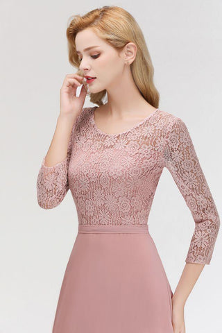 A-Linie, bodenlanges Spitzen-Chiffon-Brautjungfernkleid mit Ärmeln