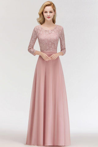 A-Linie, bodenlanges Spitzen-Chiffon-Brautjungfernkleid mit Ärmeln