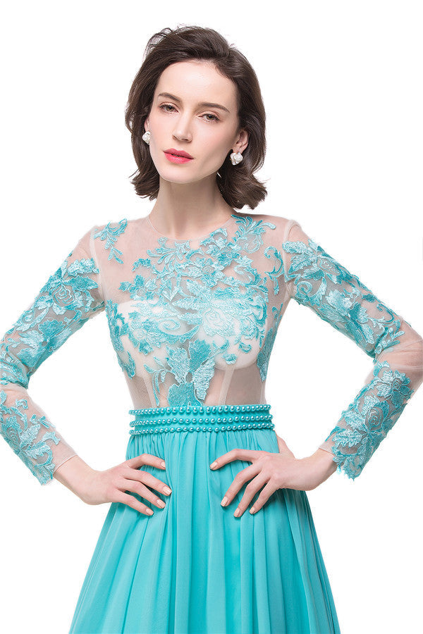 Vestidos de cerimónia de corte A, comprimento até ao chão, manga comprida, faixa redonda